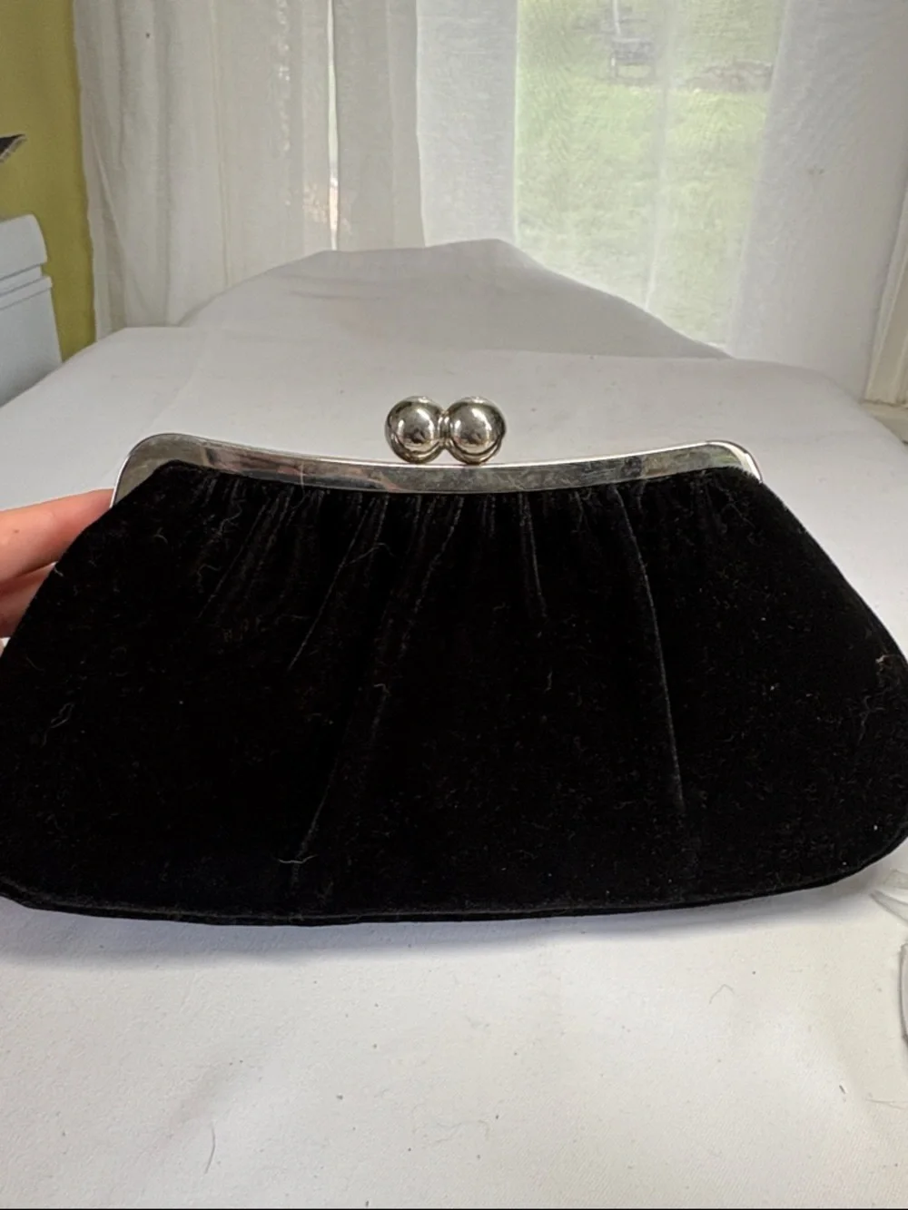 Black Velvet Lined Synthetic Evening Clutch with Silver Kisslock Frame